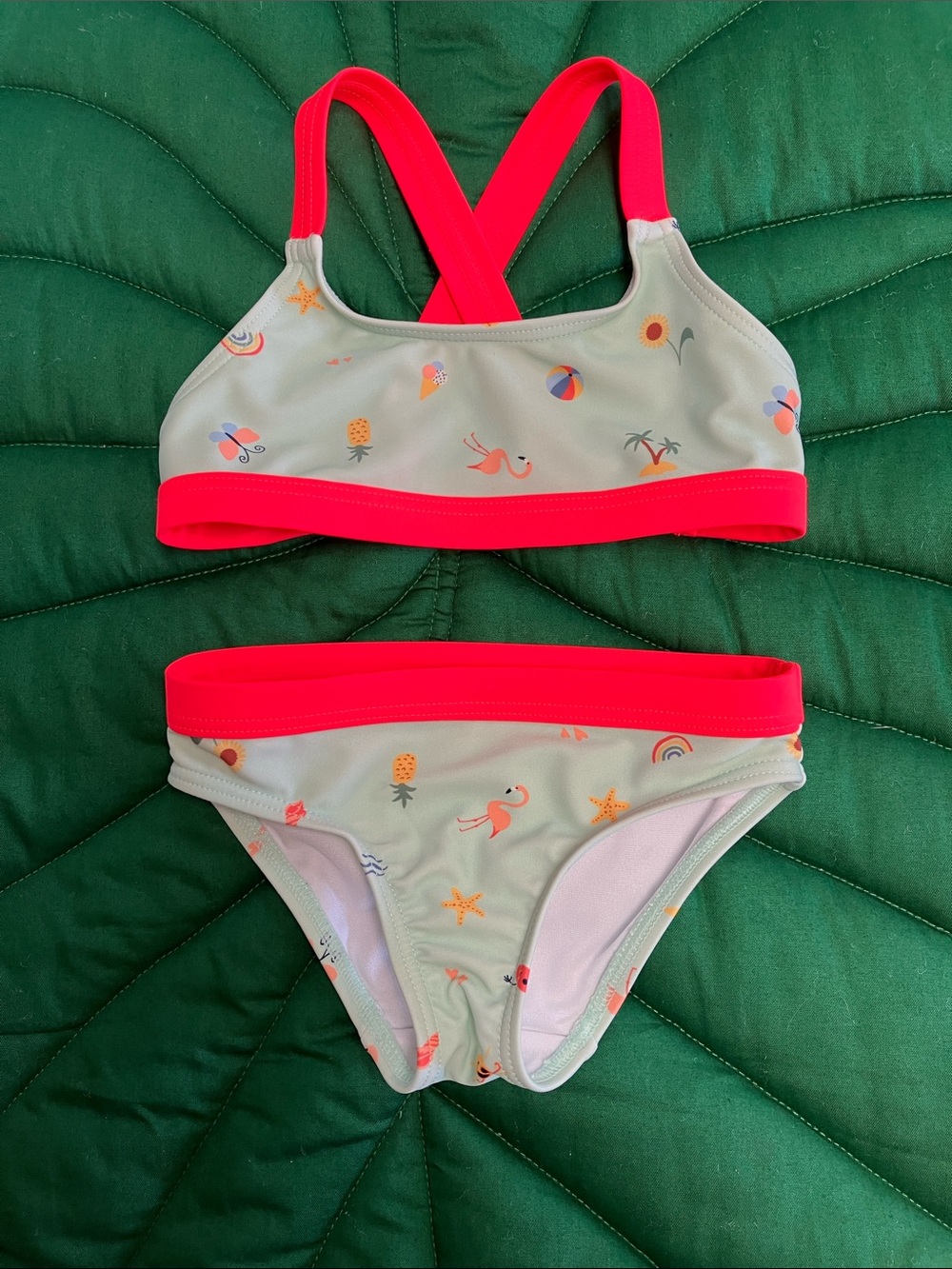 Little girls two piece bikini swimsuit. Tropical beach print. Color: mint/orange